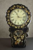 A Victorian papier mache mother of pearl inlaid drop dial wall clock with Roman numerals to the