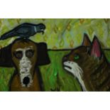 Wolf Howard, acrylic on canvas, 'Cat Looking at Dog with Bird on Head, monogrammed WH, signed and