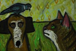 Wolf Howard, acrylic on canvas, 'Cat Looking at Dog with Bird on Head, monogrammed WH, signed and