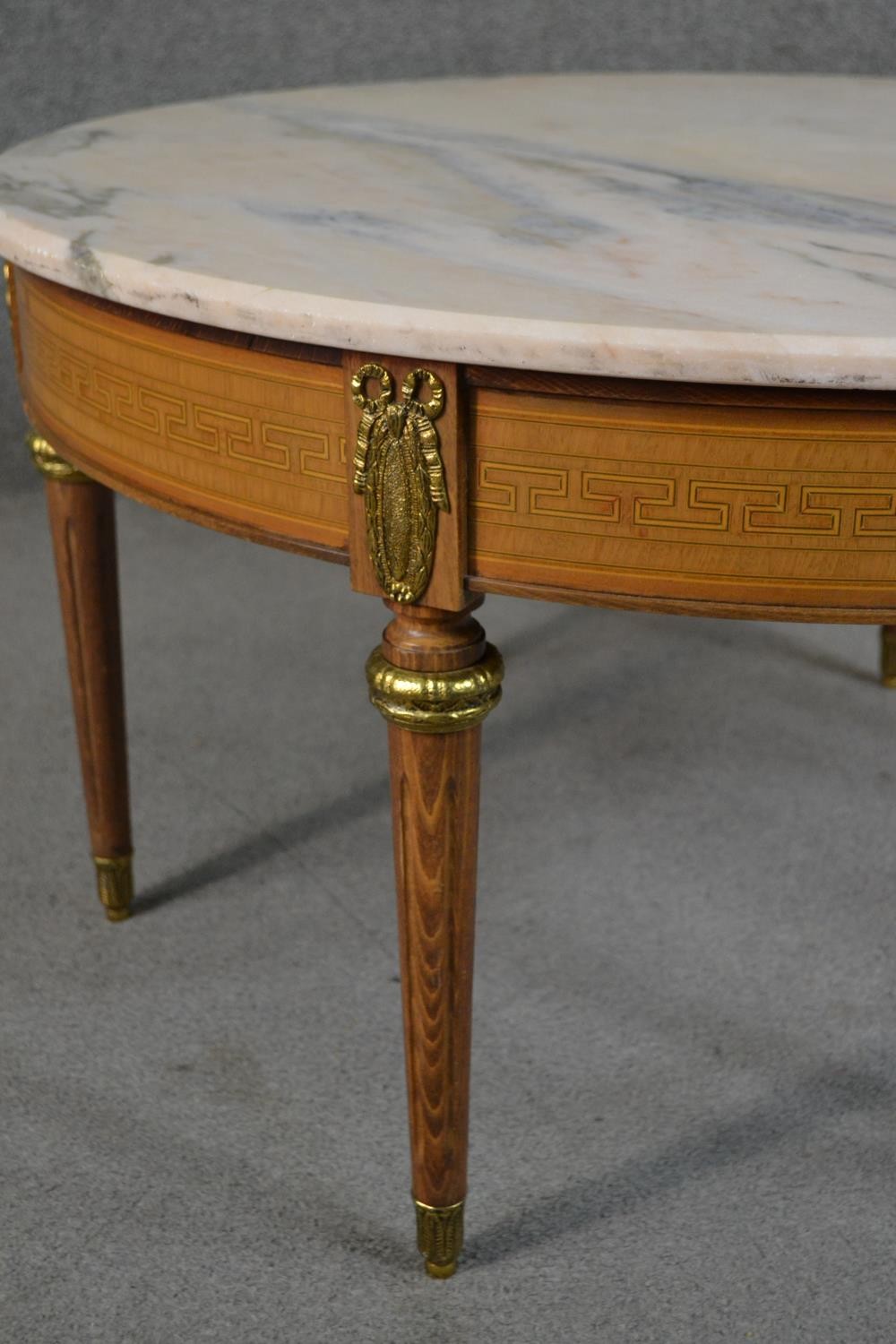A Louis XIV style circular coffee table, with a marble top over a marquetry key frieze, on - Image 3 of 5