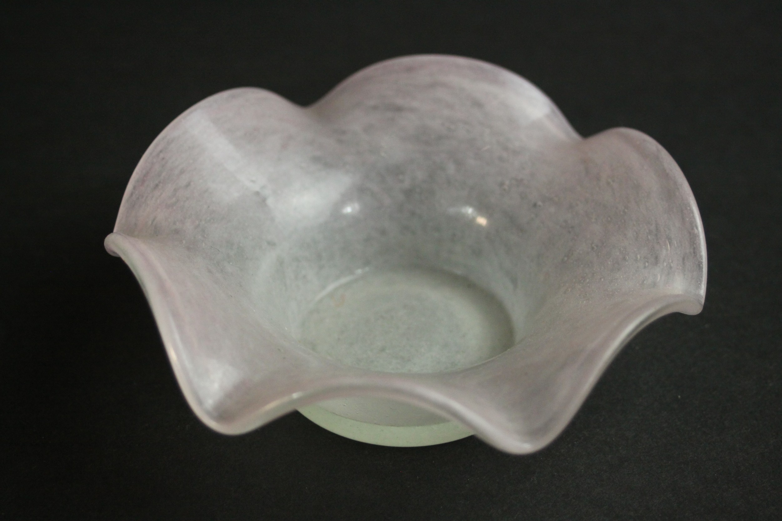 A collection of nine marble pink and yellow art glass dishes. Some signed Vasart. H.6 Dia.16cm.( - Image 5 of 9