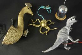 Five novelty lamps including a gold painted peacock head. H.56 W.15 D.15cm.