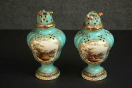 A pair of 18th century Chelsea style hand painted porcelain potpourri vases with turquoise ground,