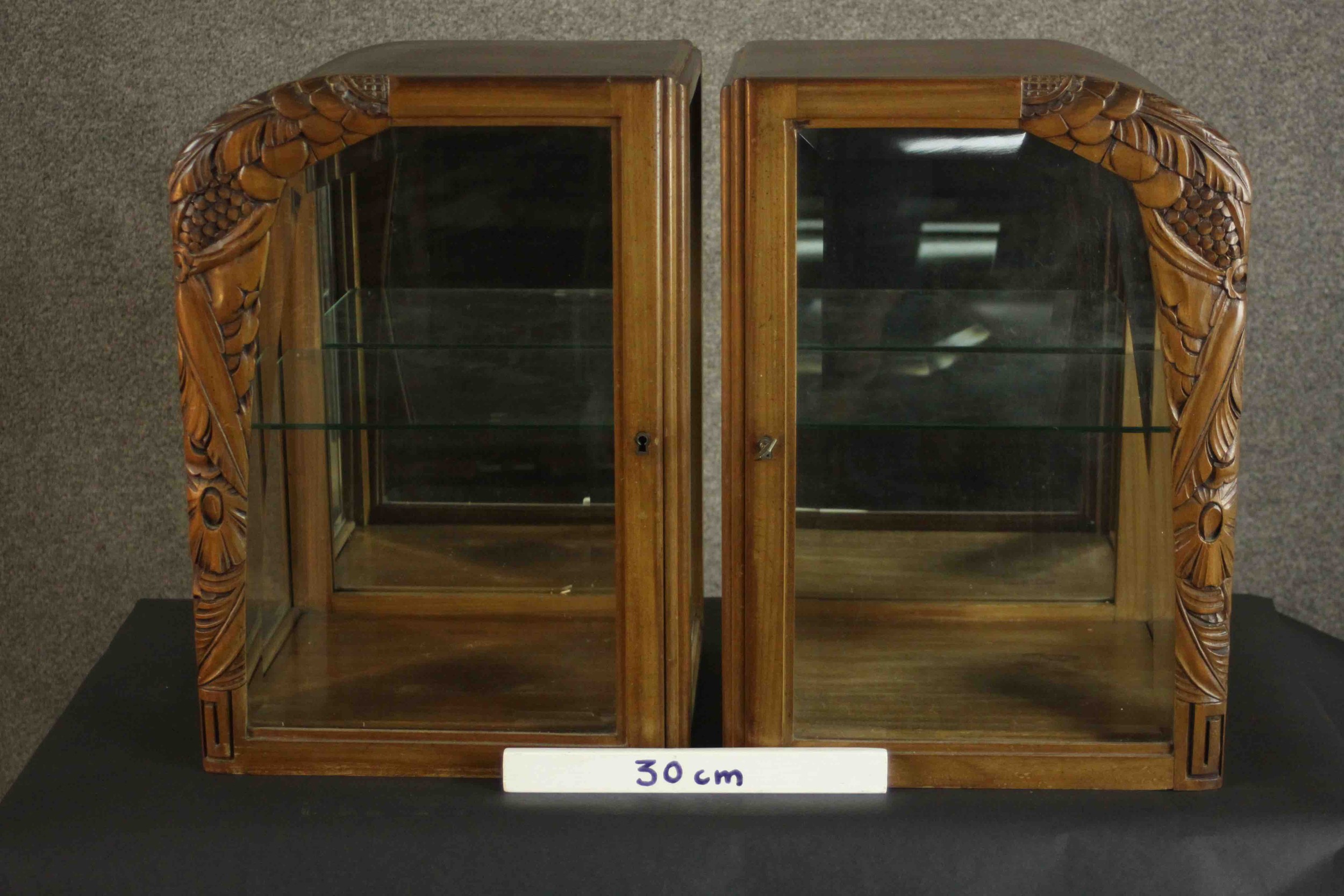 A pair of French 1940s walnut display cabinets, each with a single glazed door, and glazed sides, - Image 2 of 12