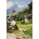 A framed photo of a mountain village with a man and chickens. H.70 W.60cm.