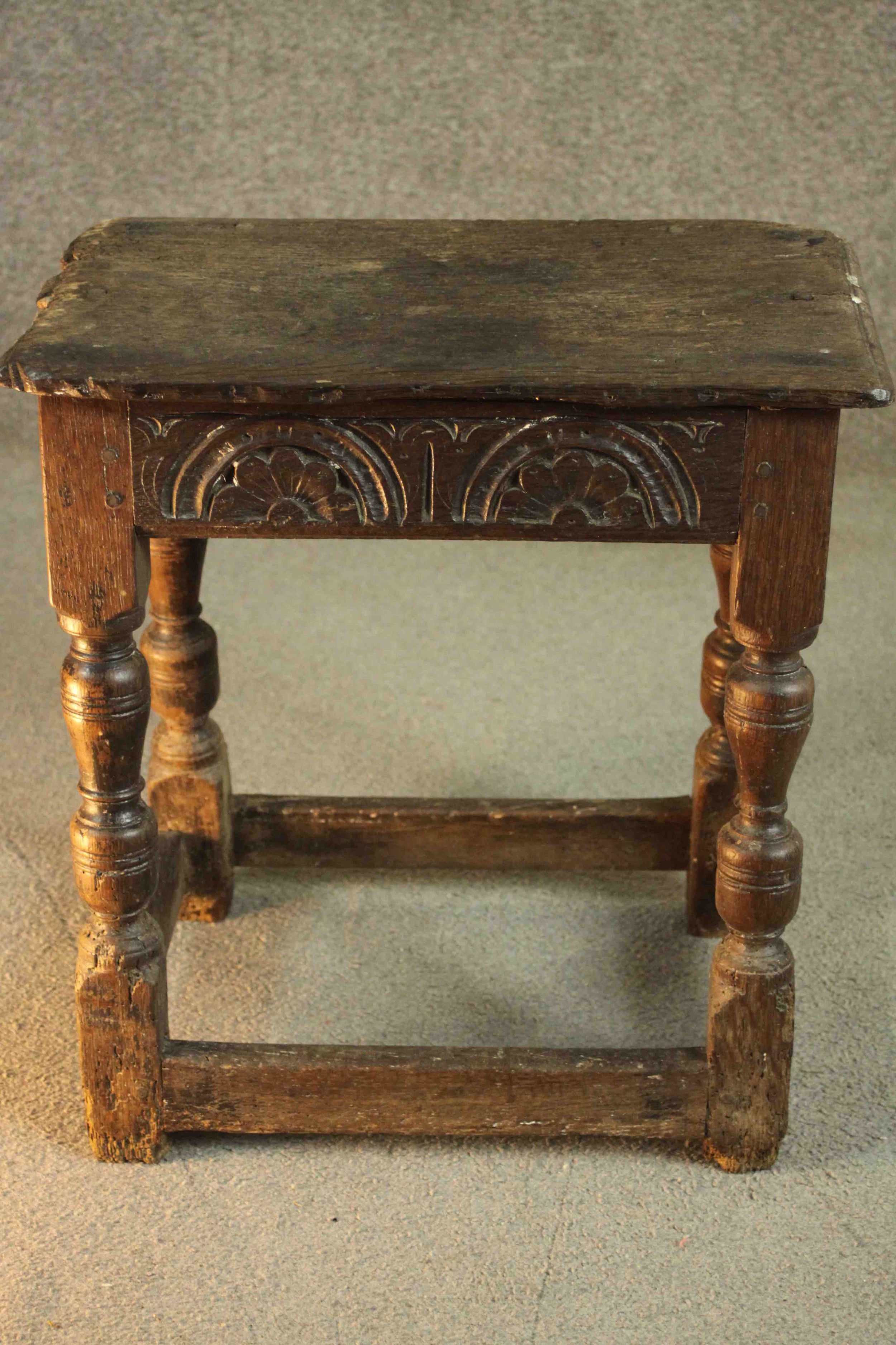 A 17th century and later oak joynt stool, the rectangular seat with a moulded edge over a carved - Image 5 of 7