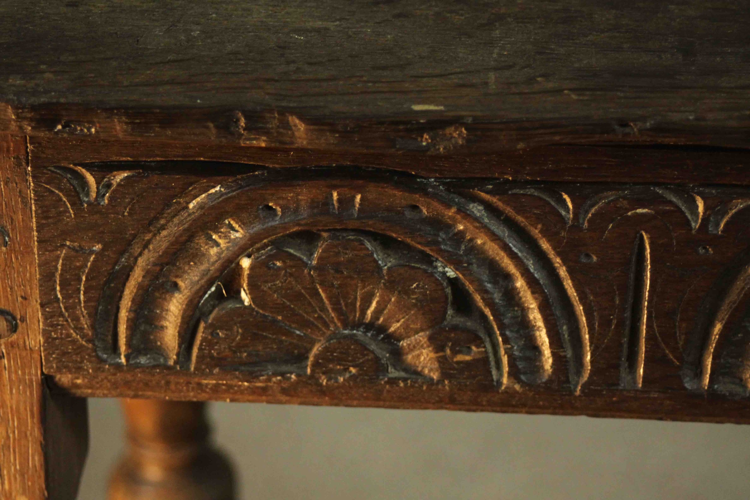 A 17th century and later oak joynt stool, the rectangular seat with a moulded edge over a carved - Image 7 of 7