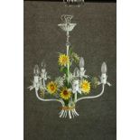A 20th century French Toleware chandelier decorated to the centre with brightly painted sunflowers