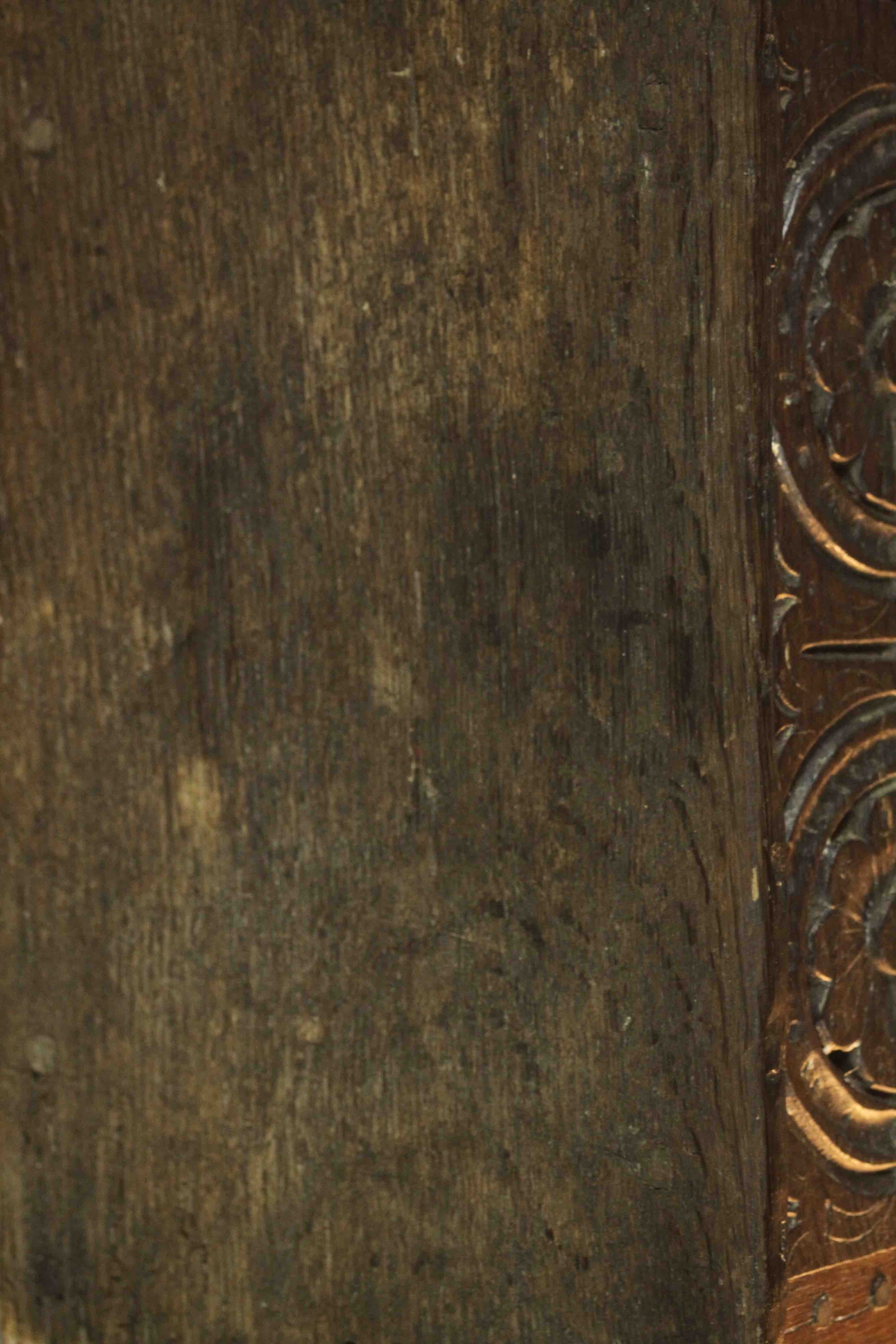 A 17th century and later oak joynt stool, the rectangular seat with a moulded edge over a carved - Image 6 of 7