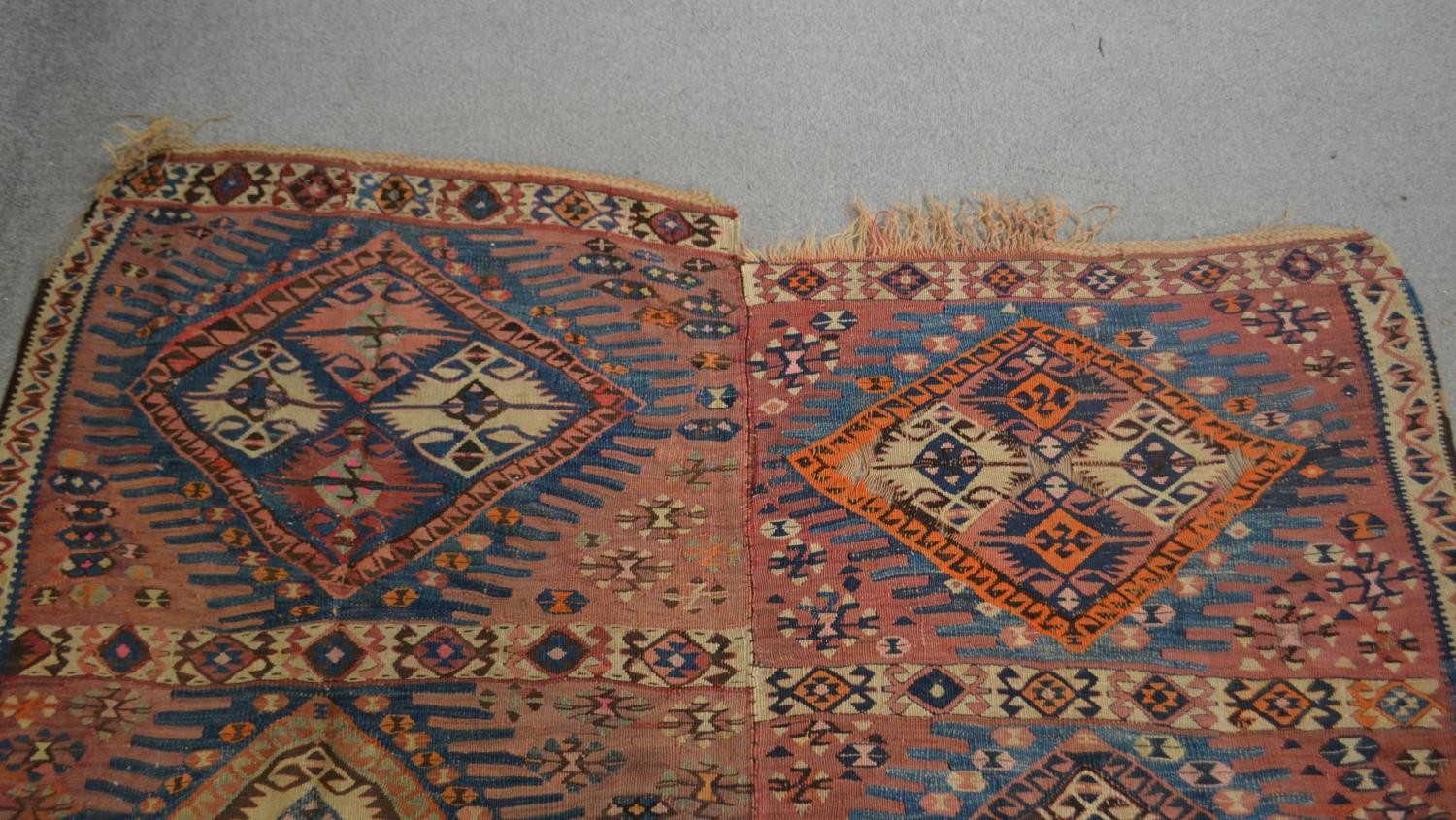 Two joined Persian Kelims, repeating diamond medallions on a burgundy ground. L.232 W.163cm - Image 4 of 6