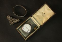 A 19th century silver gentleman's pocket watch and key in leather case along with a Norwegian boat