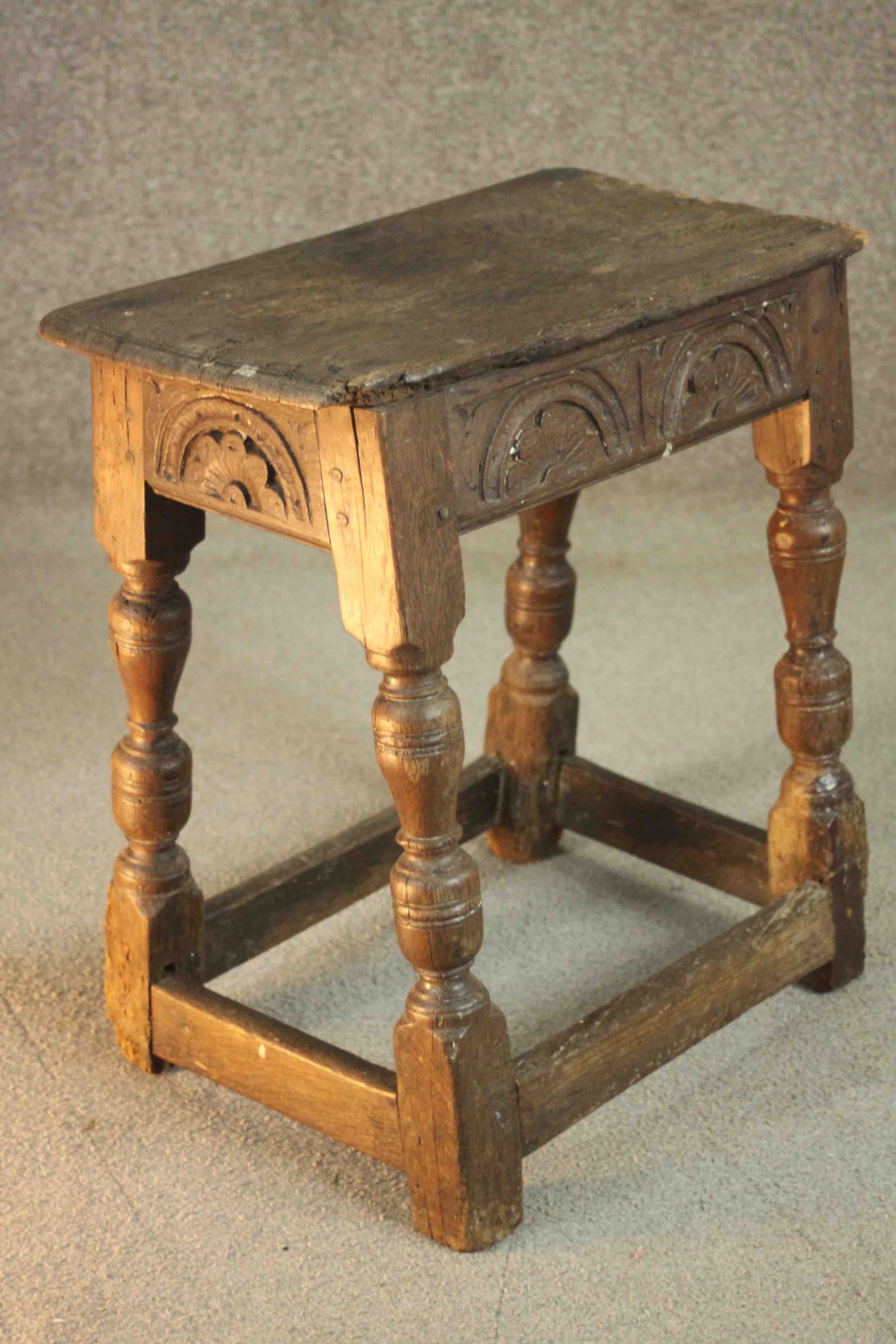A 17th century and later oak joynt stool, the rectangular seat with a moulded edge over a carved - Image 3 of 7