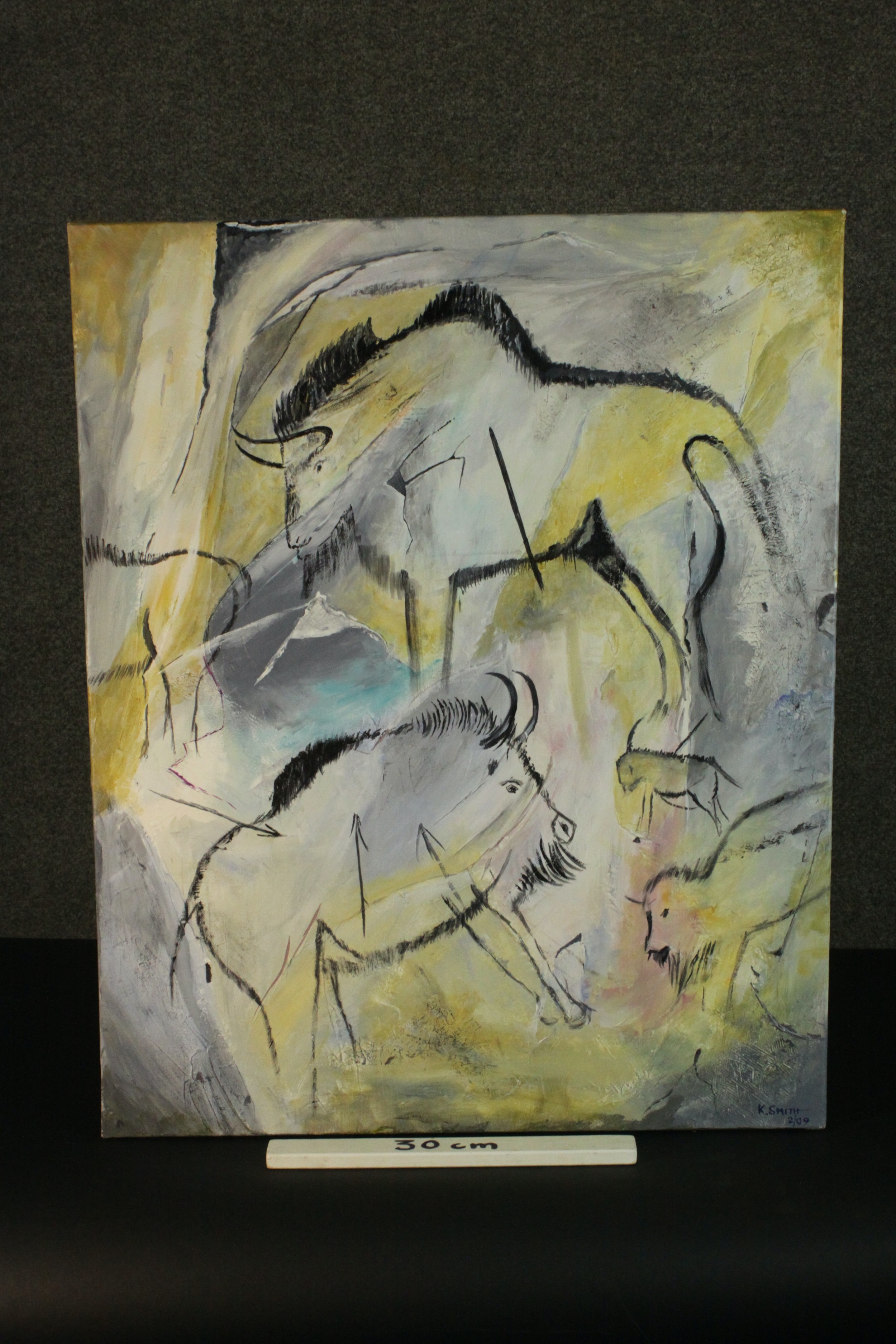 An unframed oil on canvas, cave painting style animal figures, signed Ken Smith with label to - Image 2 of 7