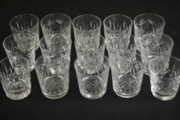 A collection of fifteen cut crystal whisky tumblers, two different designs. H.8 Dia.8cm.