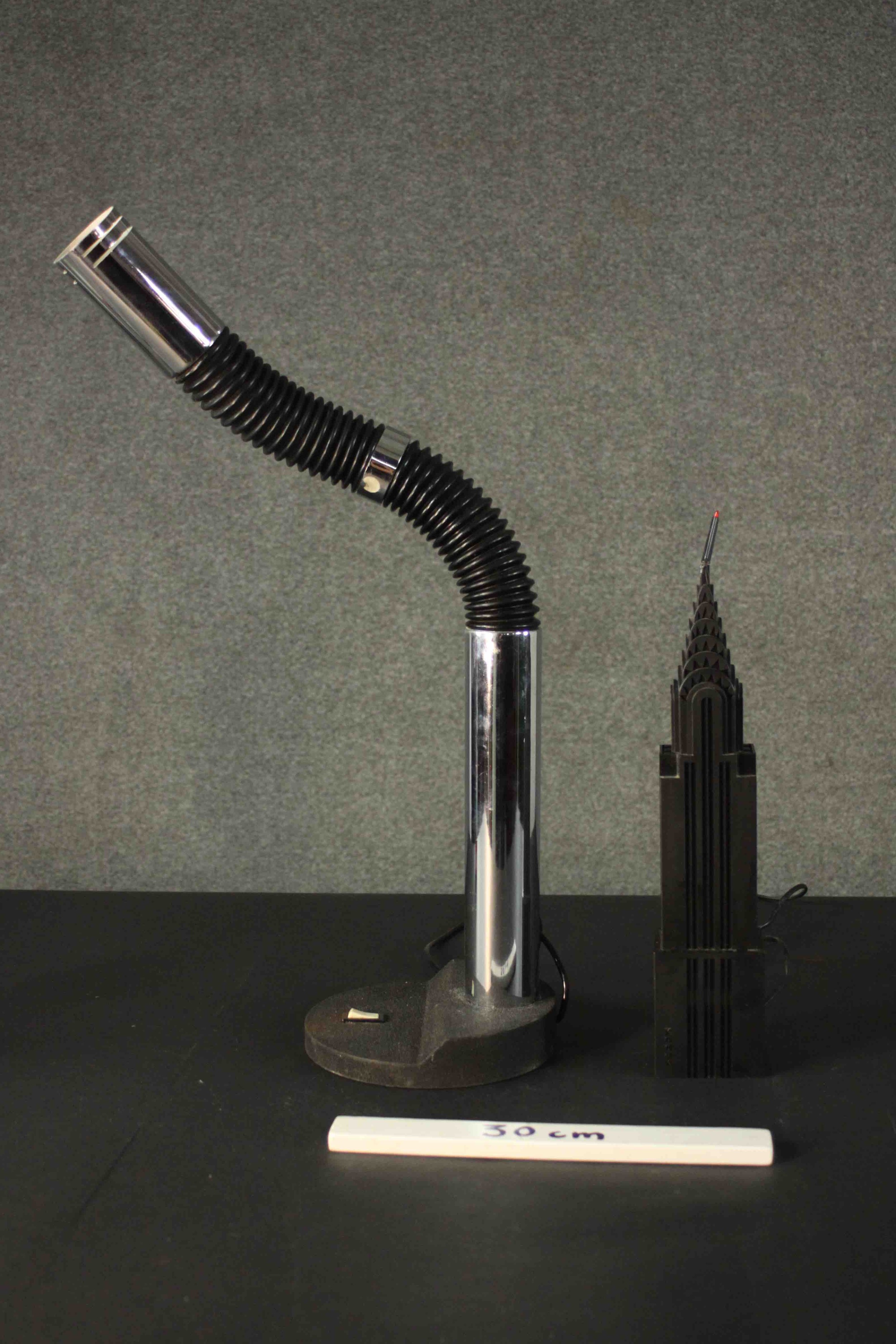 An extending tube and chrome table lamp along with a toy Chrysler building converted to a lamp. H.76 - Image 2 of 9