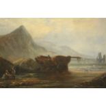 A gilt framed 19th century school, Coastal Scene, oil on canvas. H.49 W.76cm.