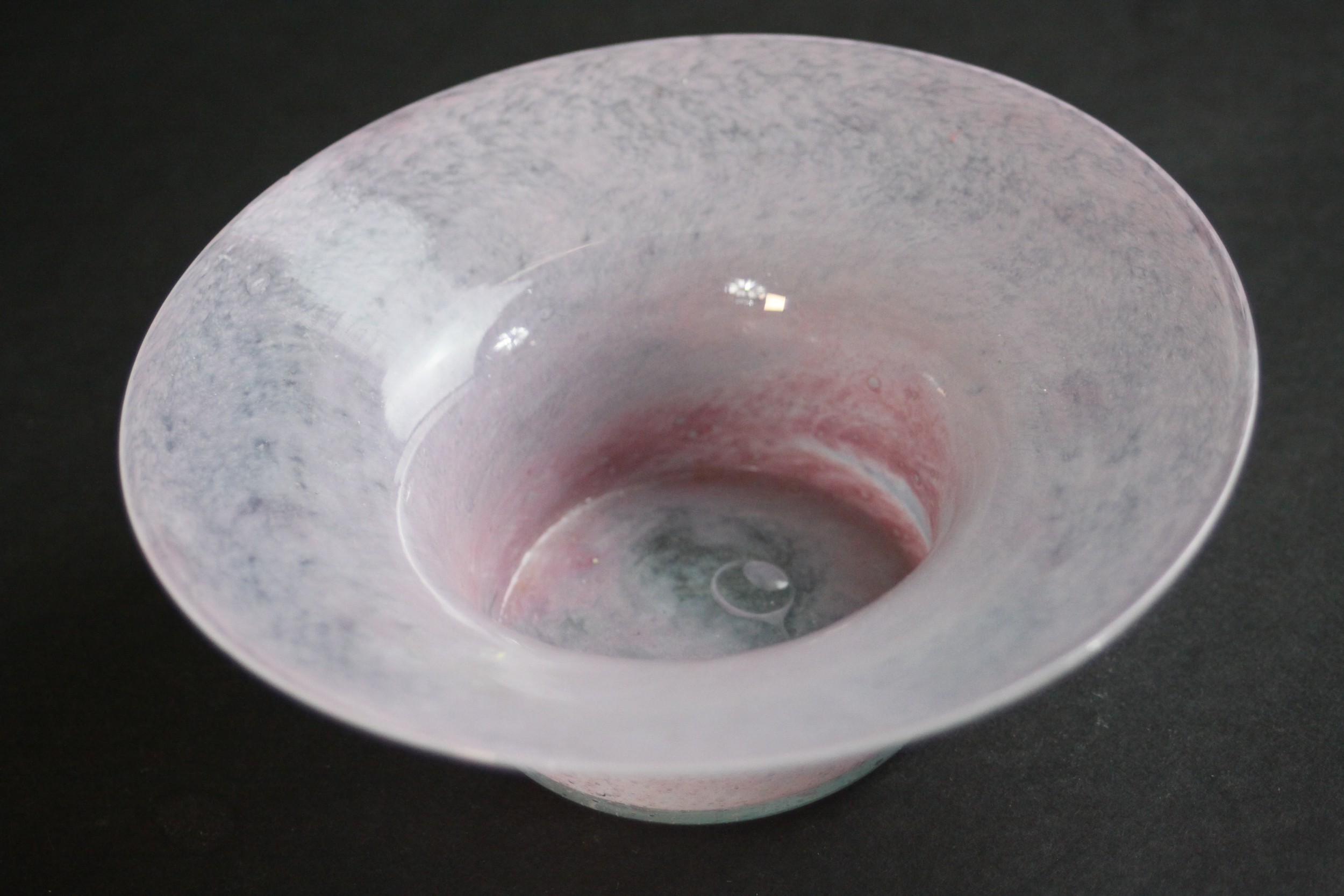 A collection of nine marble pink and yellow art glass dishes. Some signed Vasart. H.6 Dia.16cm.( - Image 9 of 9