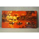 Oil on board, Asian fishermen with boats and pagoda in background at sunset, indistinctly signed.