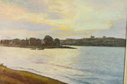 A gilt framed oil on canvas, riverscape, indistinctly signed and inscribed to the back. H.74 W.93cm.