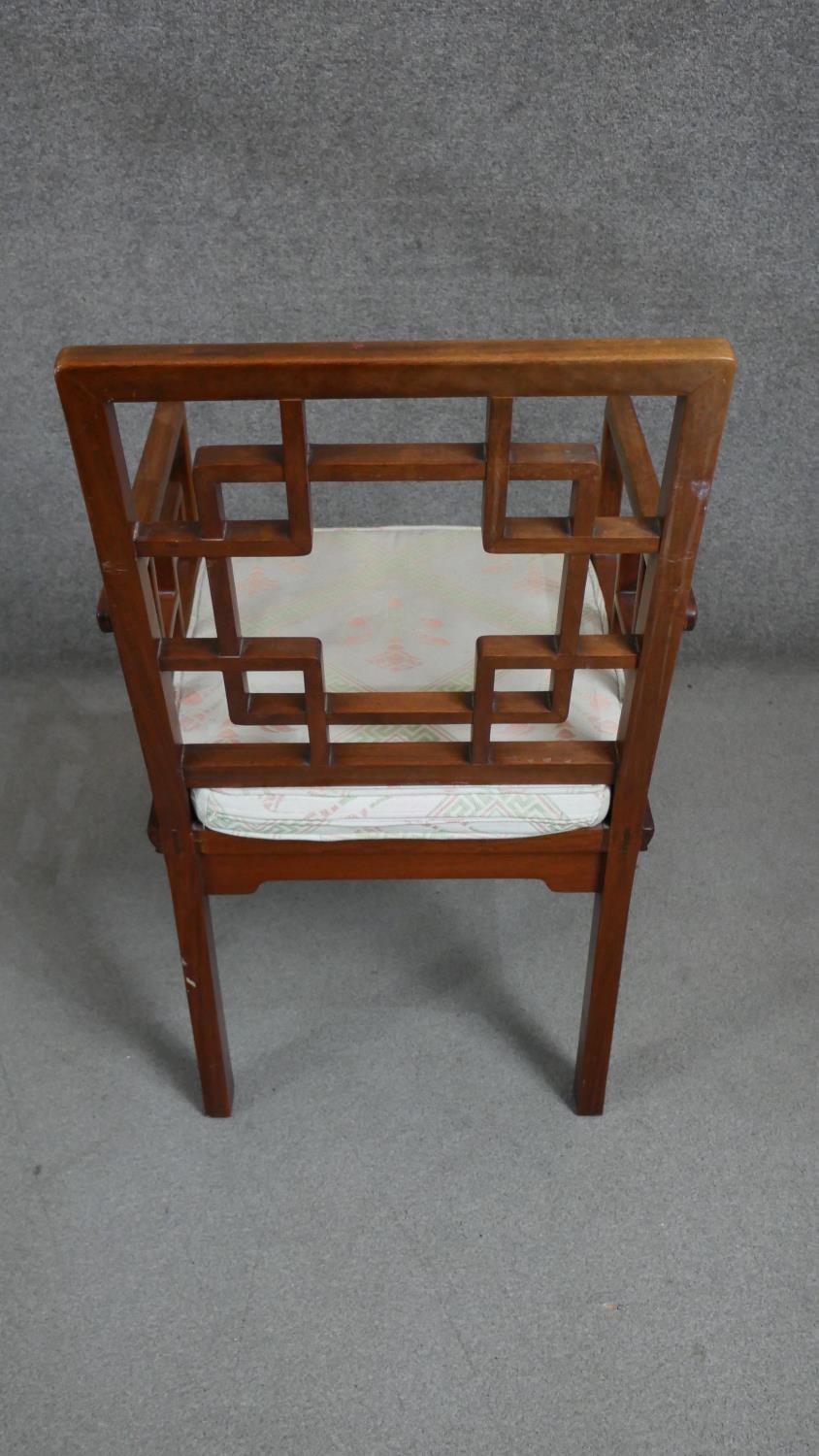 A Chinese hardwood open armchair with a square cockpen style back over a loose seat cushion. - Image 4 of 4