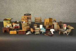 A large collection of early 20th century doll's house furniture and items. H.17 W.10 D.6cm. (