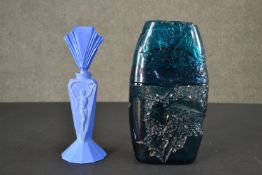 Two perfume bottles. A Horizon (GIANT SIZE) Factice display bottle and a blue milk glass Art Deco