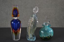 A collection of Murano art glass perfume bottles, including a Sommerso large glass perfume bottle (