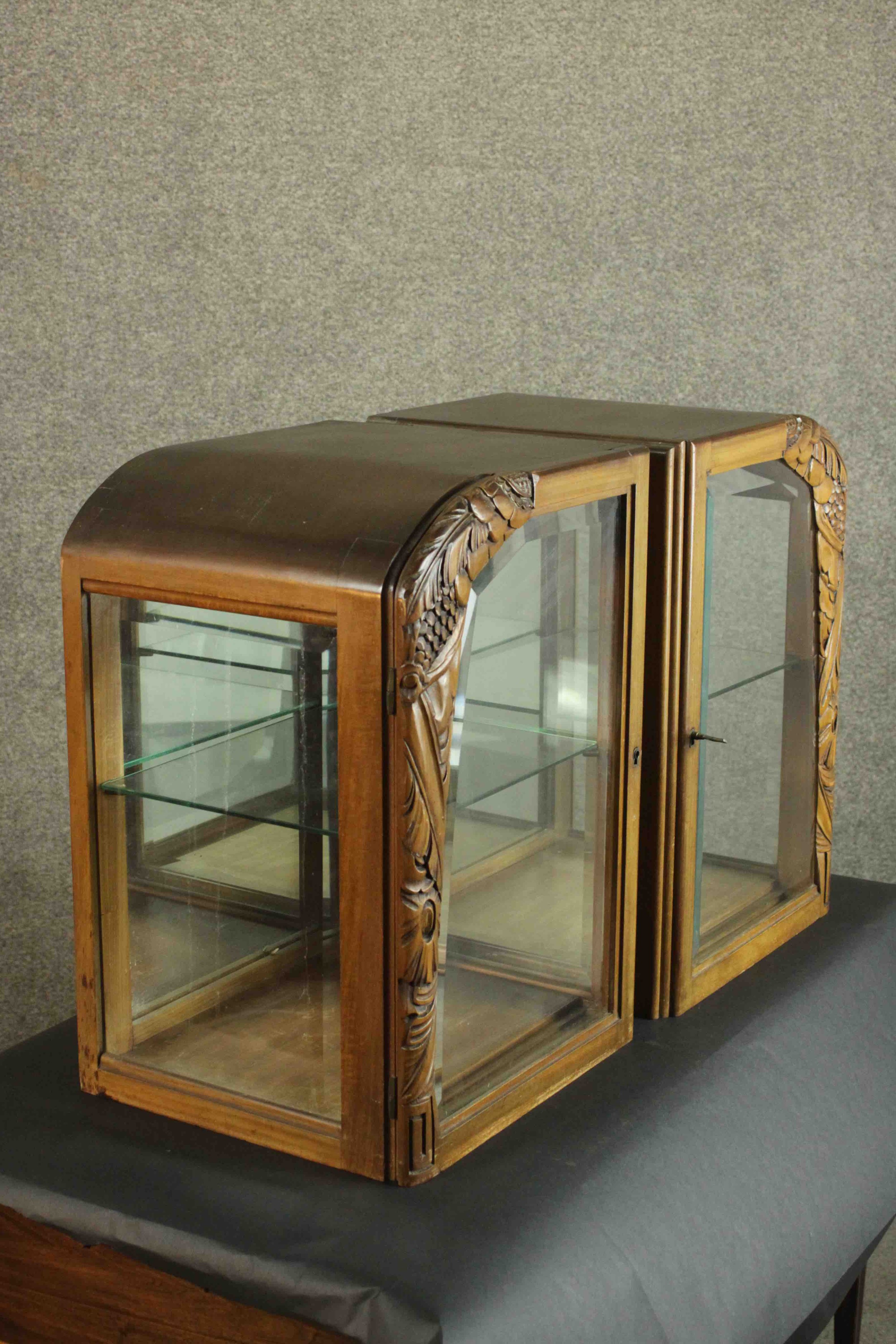 A pair of French 1940s walnut display cabinets, each with a single glazed door, and glazed sides, - Image 10 of 12