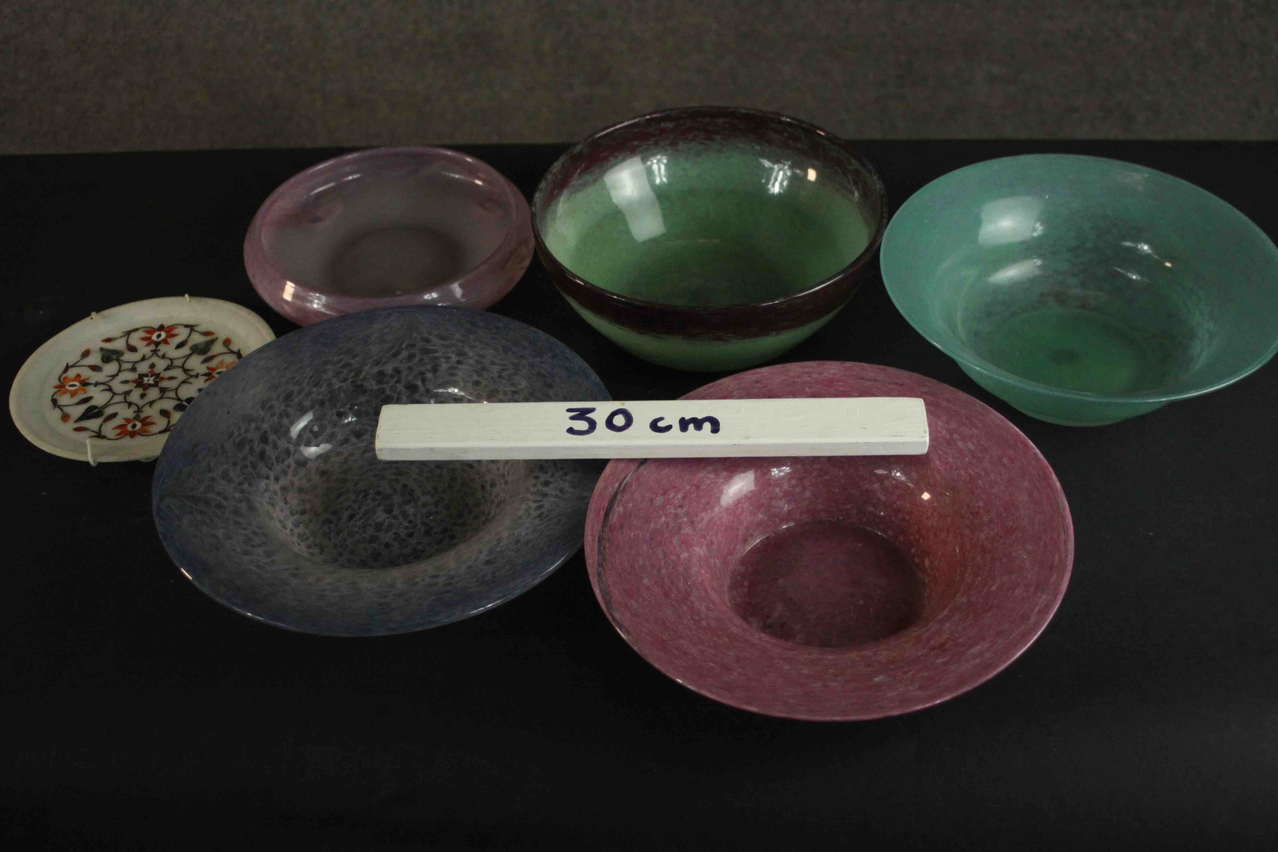 A collection of five art glass bowls and a Pietra dura plate. The glass with marbled pastel colours, - Image 2 of 16