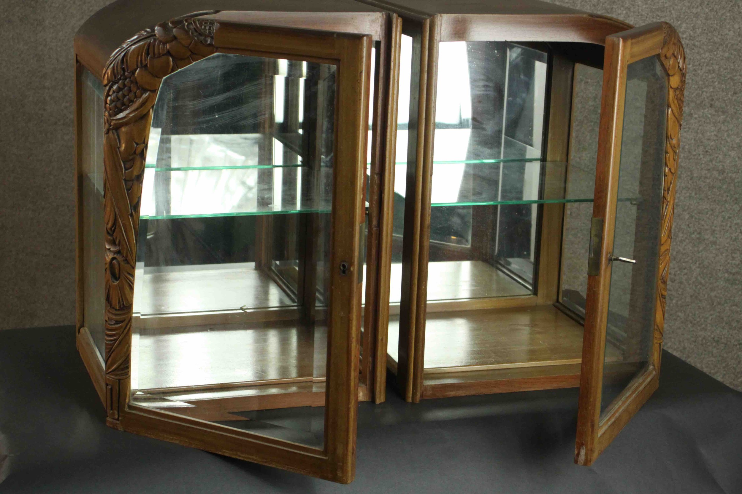 A pair of French 1940s walnut display cabinets, each with a single glazed door, and glazed sides, - Image 9 of 12