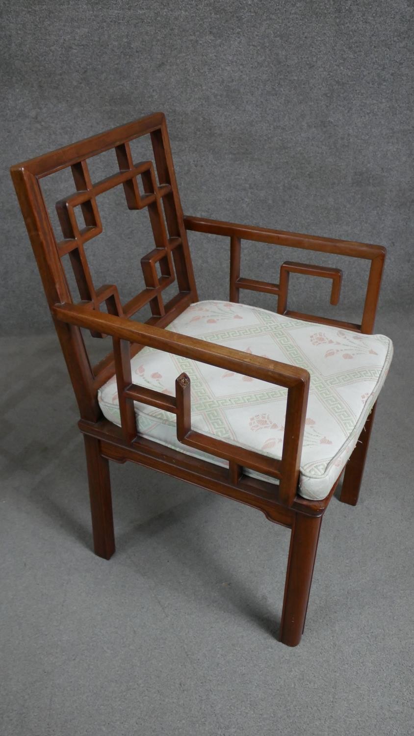 A Chinese hardwood open armchair with a square cockpen style back over a loose seat cushion. - Image 3 of 4