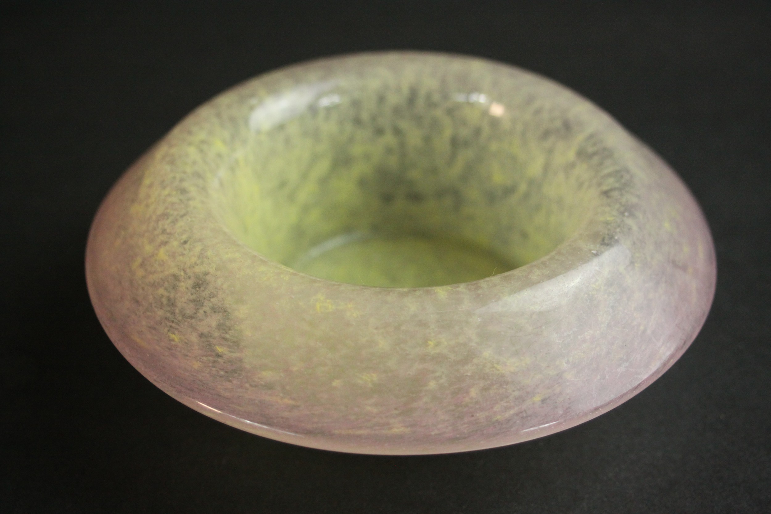 A collection of nine marble pink and yellow art glass dishes. Some signed Vasart. H.6 Dia.16cm.( - Image 4 of 9