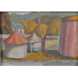 John Bolam (1922-2009), "Fairground" circa 1950, oil on board, bearing label verso. H.34 W.41cm