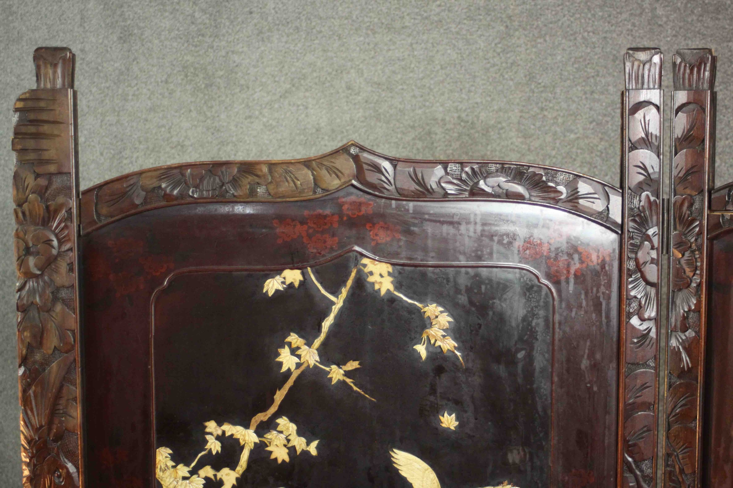 A late 19th or early 20th century Japanese two fold lacquered screen with carved bone inlaid - Image 8 of 10