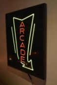 LED Arcade sign with power transformer and remote control. Boxed, tested and working. There are