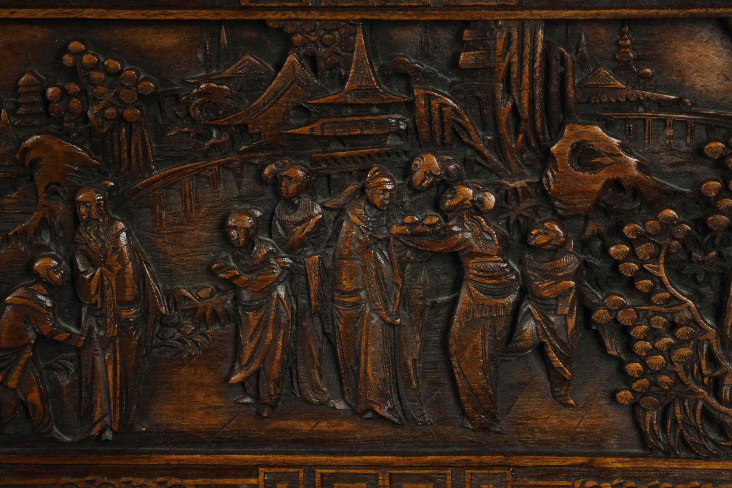 An early 20th century Chinese carved hardwood cabinet with central fitted drinks section. H.87 W. - Image 8 of 14