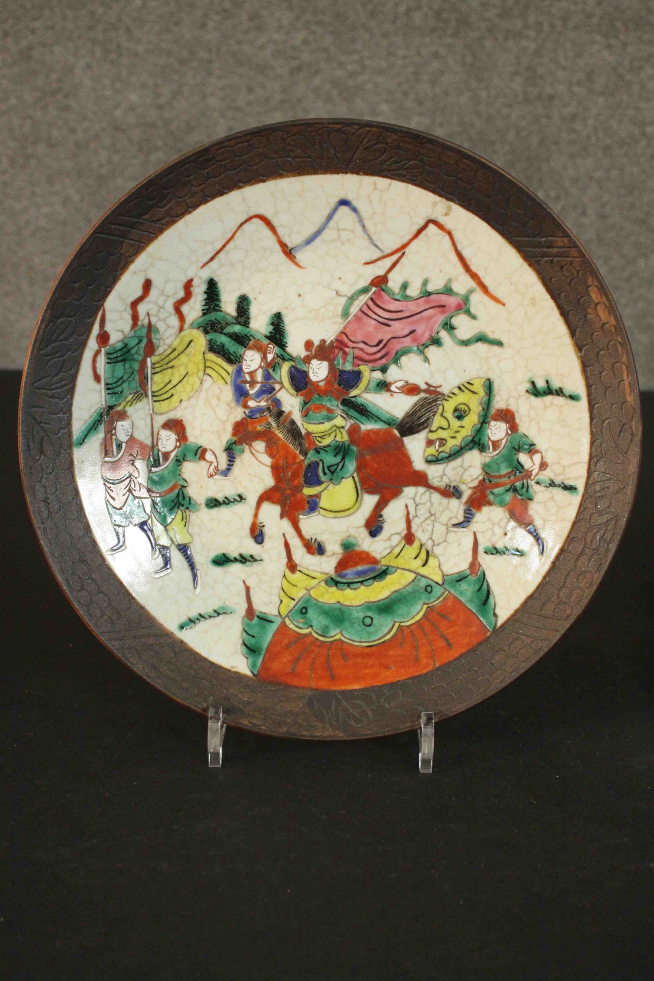 A 20th century Chinese hand painted crackle glaze ceramic ginger jar and plate. Each painted with - Image 3 of 10