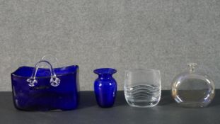 A collection of art glass, including a Bristol blue glass vase, an iridescent perfume bottle and a