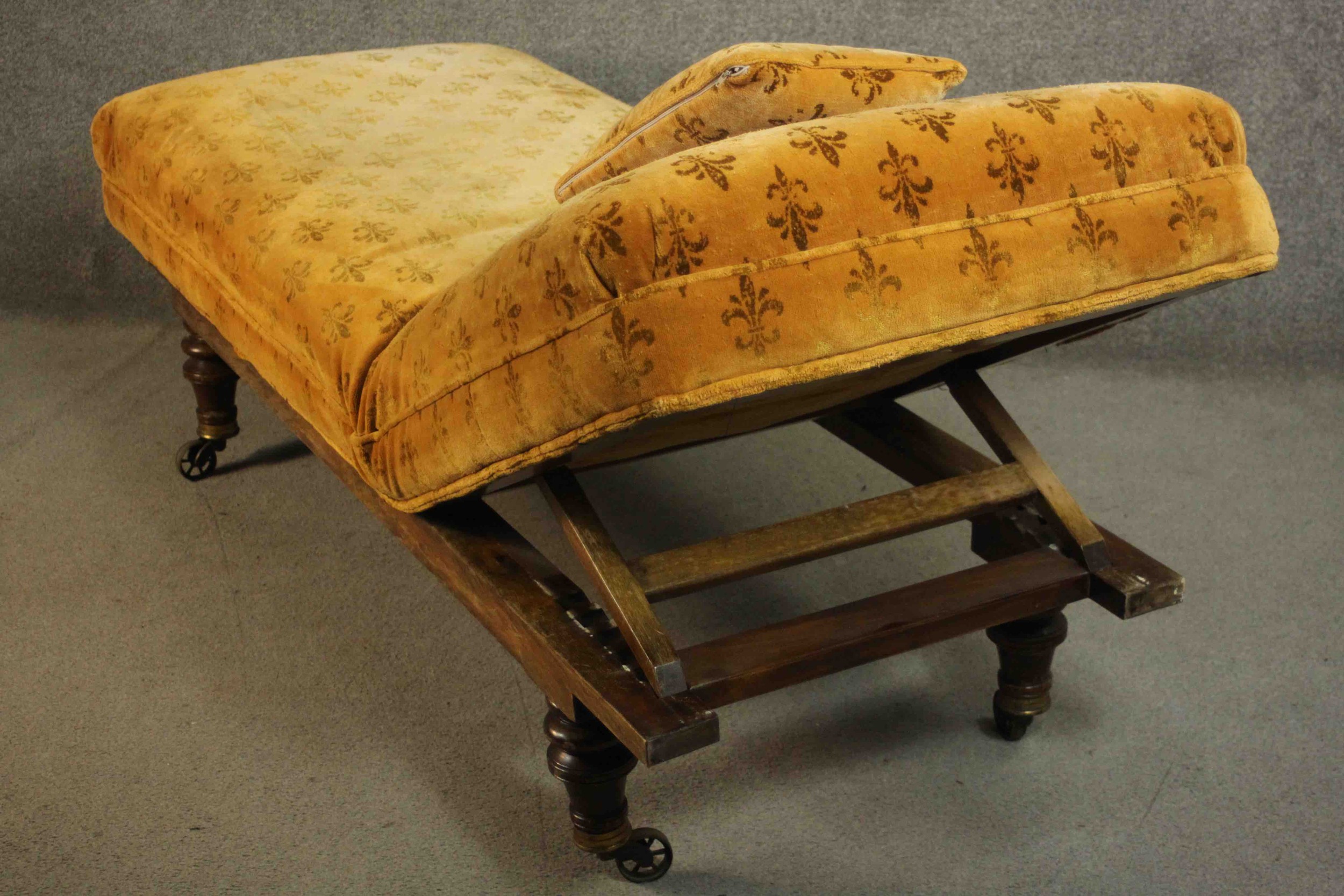 A Victorian daybed or doctor's examining bed, upholstered in a patterned mustard fabric with a loose - Image 9 of 11