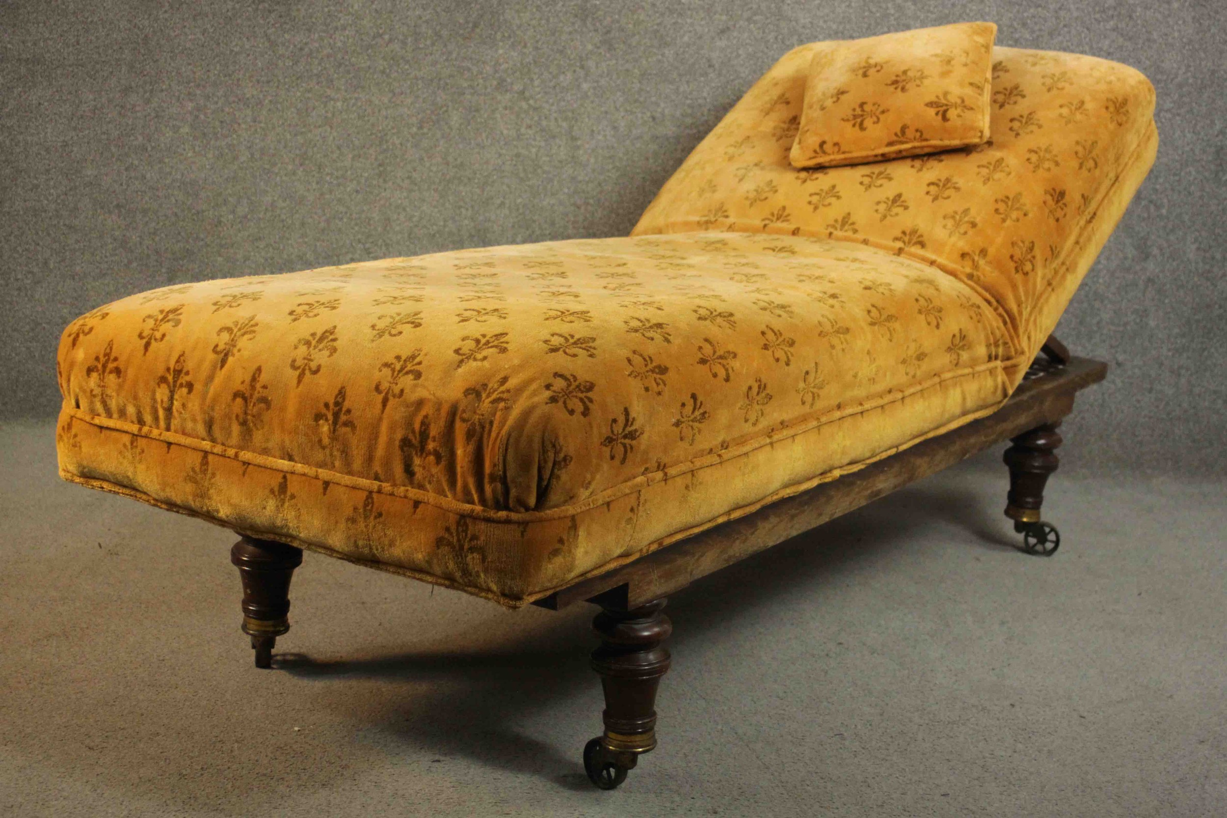 A Victorian daybed or doctor's examining bed, upholstered in a patterned mustard fabric with a loose - Image 7 of 11