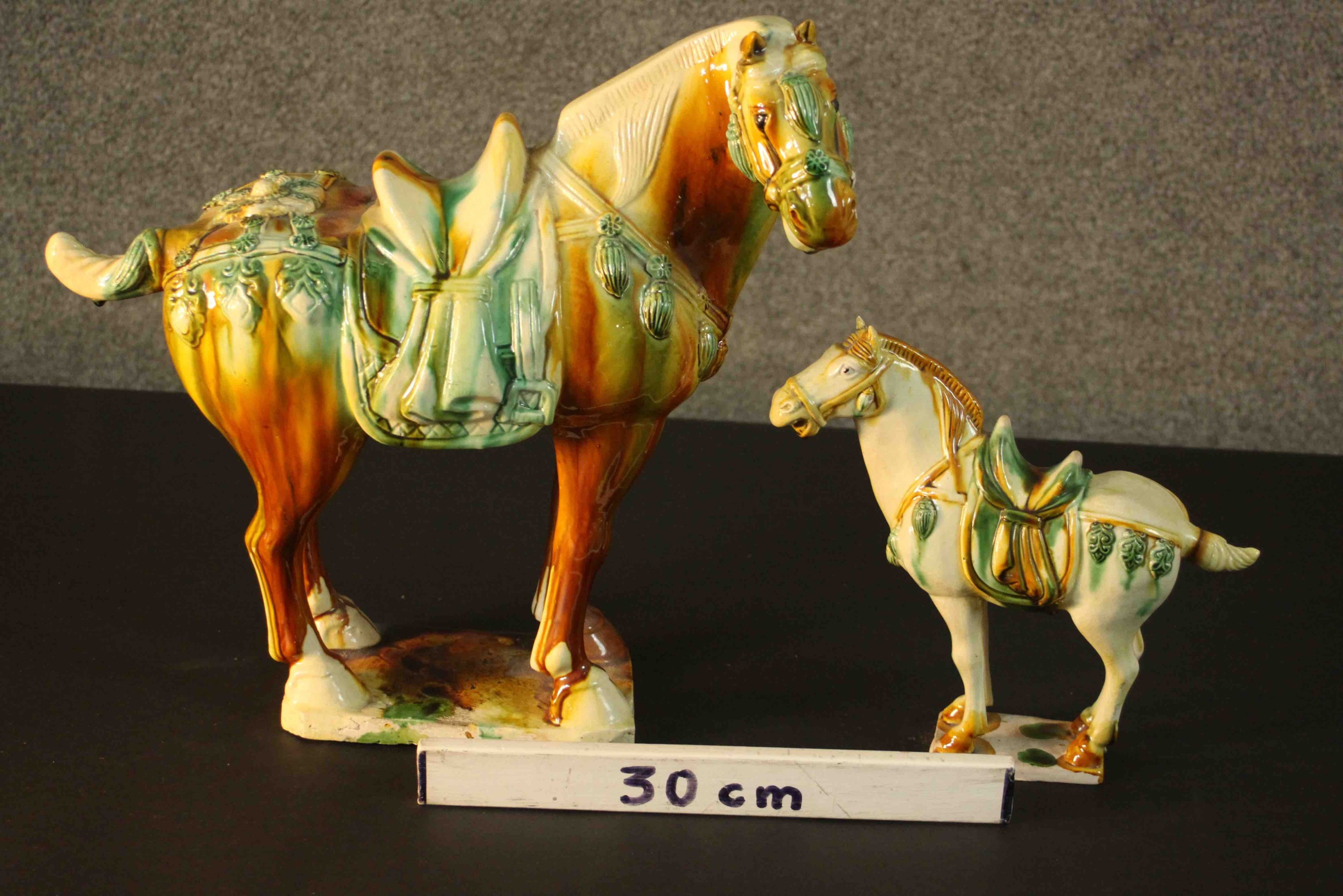 Two Tang dynasty style ceramic horses with applied green and ochre glazes. H.40 W.43 D.18cm. ( - Image 2 of 13