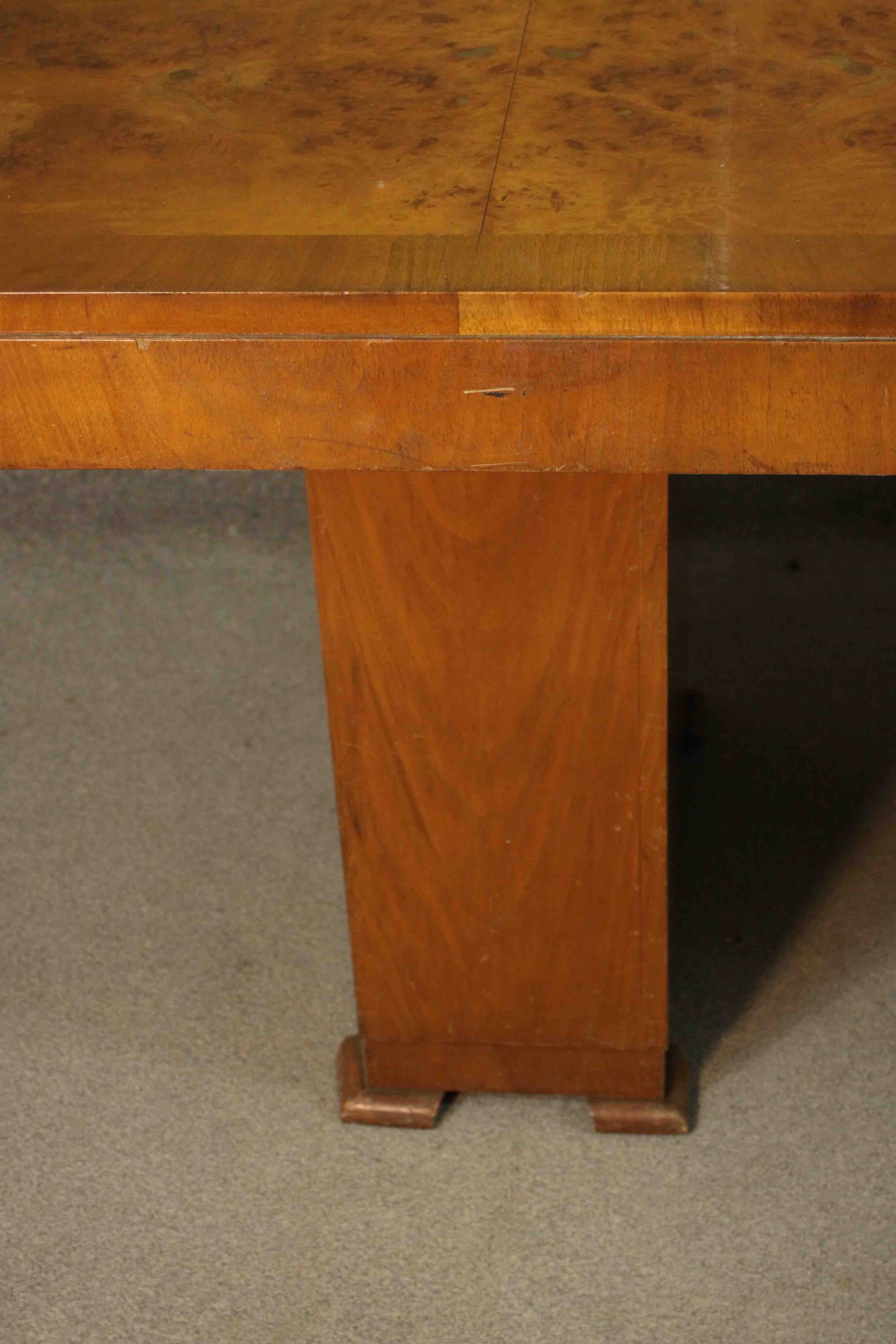 An Art Deco burr walnut and crossbanded dining table with rounded rectangular top on twin pillar - Image 8 of 9