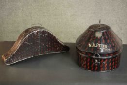Two 19th century lacquered hat tins by Gieves, London. Painted N.H Pitts with maker's brass