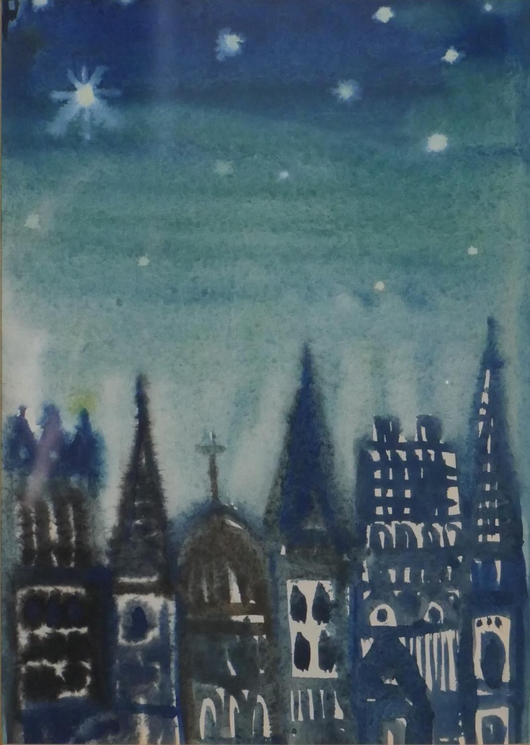 Attributed to Inga Palmgren, watercolour on paper, night time city scene, unsigned. H.43 W.37cm. - Image 2 of 3