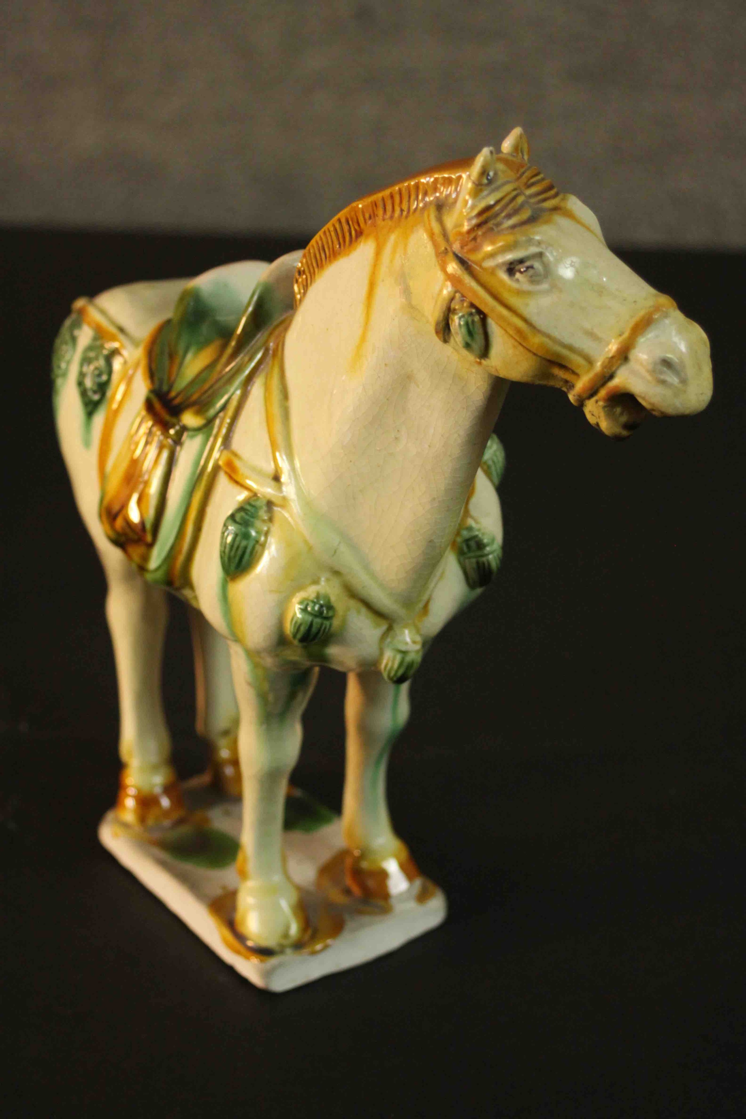 Two Tang dynasty style ceramic horses with applied green and ochre glazes. H.40 W.43 D.18cm. ( - Image 4 of 13