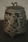 A Japanese pierced iron dragon design lantern with woven effect lid. H.30 Dia.23cm.