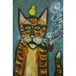 Wolf Howard, acrylic on canvas, 'Smoking Cat'. Monogrammed WH and signed and titled verso. H.56 W.