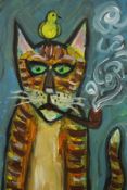 Wolf Howard, acrylic on canvas, 'Smoking Cat'. Monogrammed WH and signed and titled verso. H.56 W.