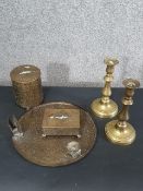 An early 20th century engraved brass smoking set along with a pair of brass candlesticks. H.5.5