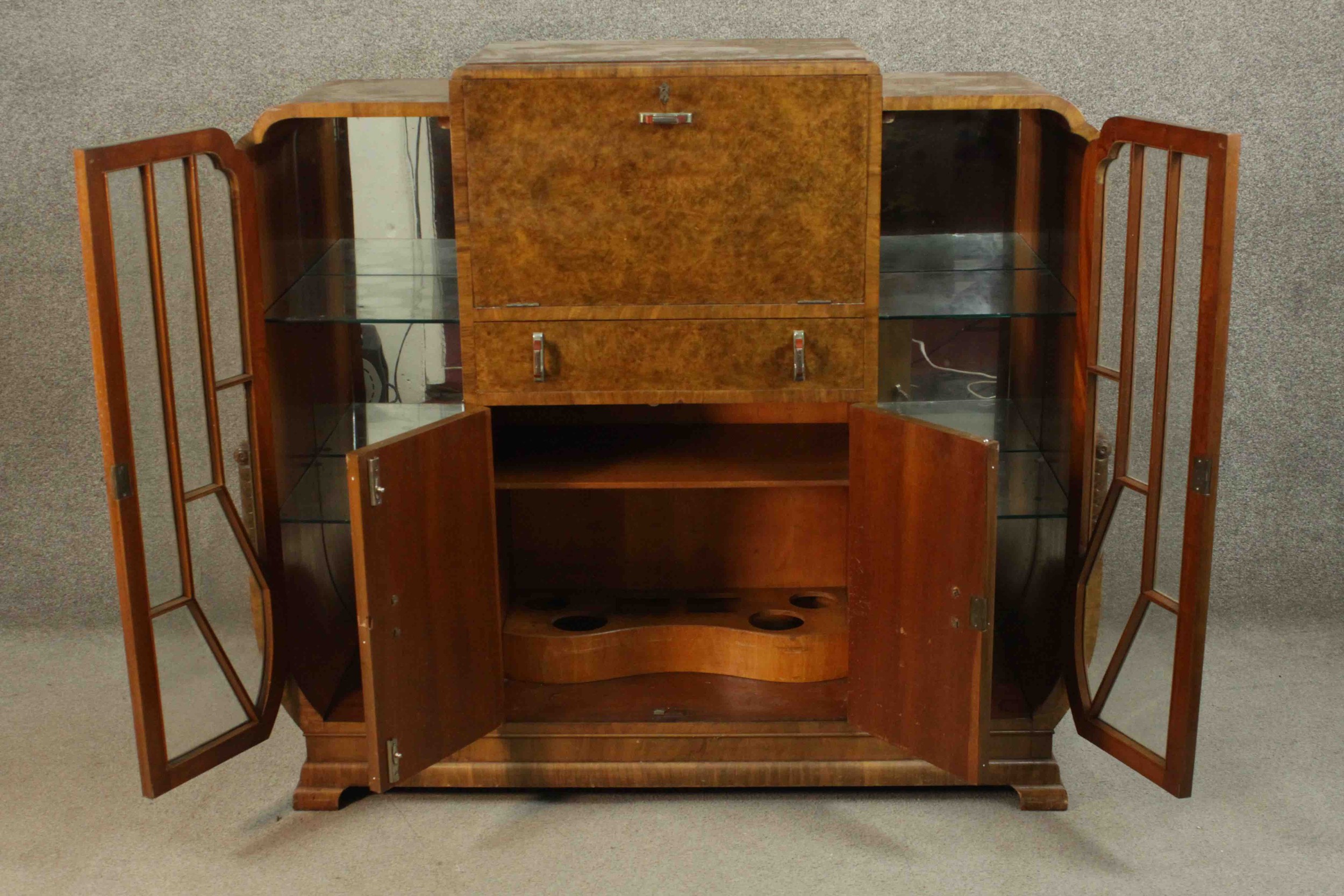 An Art Deco burr walnut cocktail cabinet with fitted and mirrored central mixing section flanked - Image 4 of 17